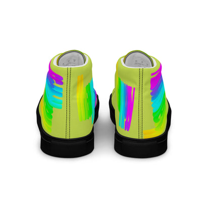 Rainbow shoes mens sneakers back view green high tops black sole Happy Rainbow Painted bright colour spectrum print HappyStuff Fun shoes