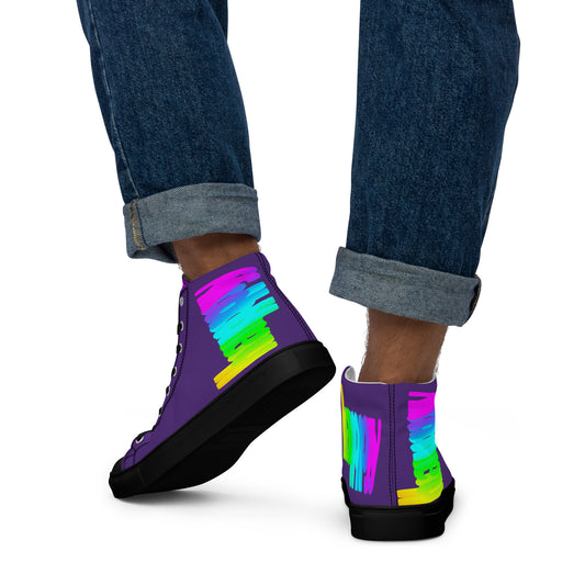 Mens sneakers rainbow shoes Happy Rainbow Painted Print bright colours on purple high tops black sole walking away HappyStuff brand purple shoes