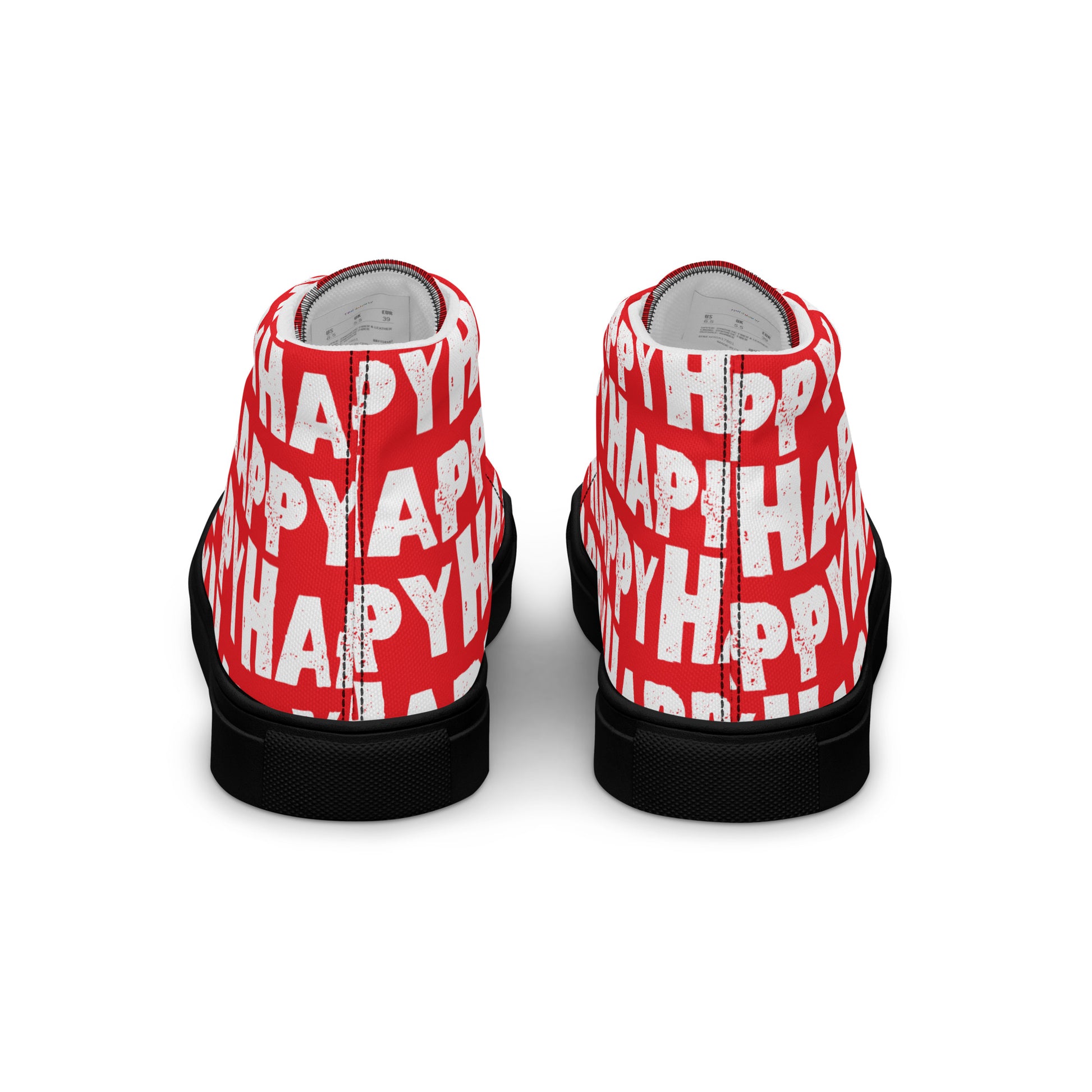 Rear view Fun Shoes Mens Sneakers red shoes with white Happy Sponge Print High Tops black sole HappyStuff brand