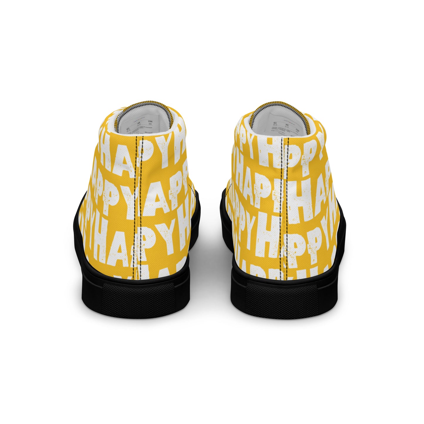 Rear view Fun Shoes Mens Sneakers yellow shoes with white Happy Sponge Print High Tops black sole HappyStuff brand