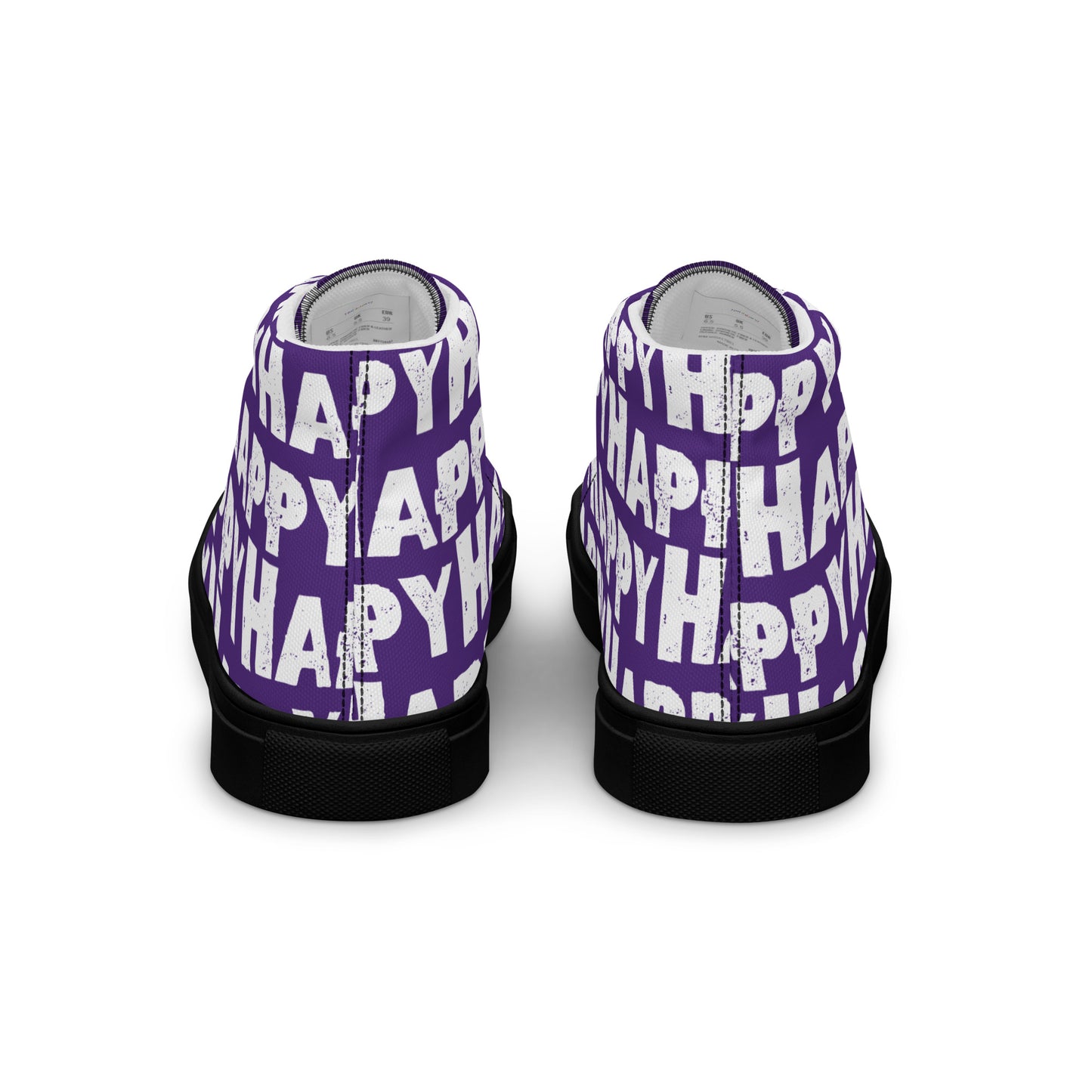 Rear view Fun Shoes Mens Sneakers purple shoes with white Happy Sponge Print High Tops black sole HappyStuff brand