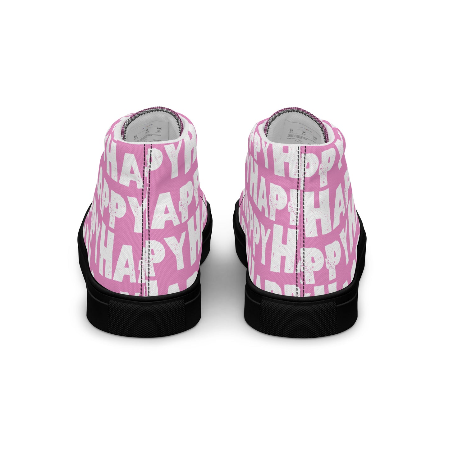 Rear view Fun Shoes Mens Sneakers pink shoes with white Happy Sponge Print High Tops black sole HappyStuff brand