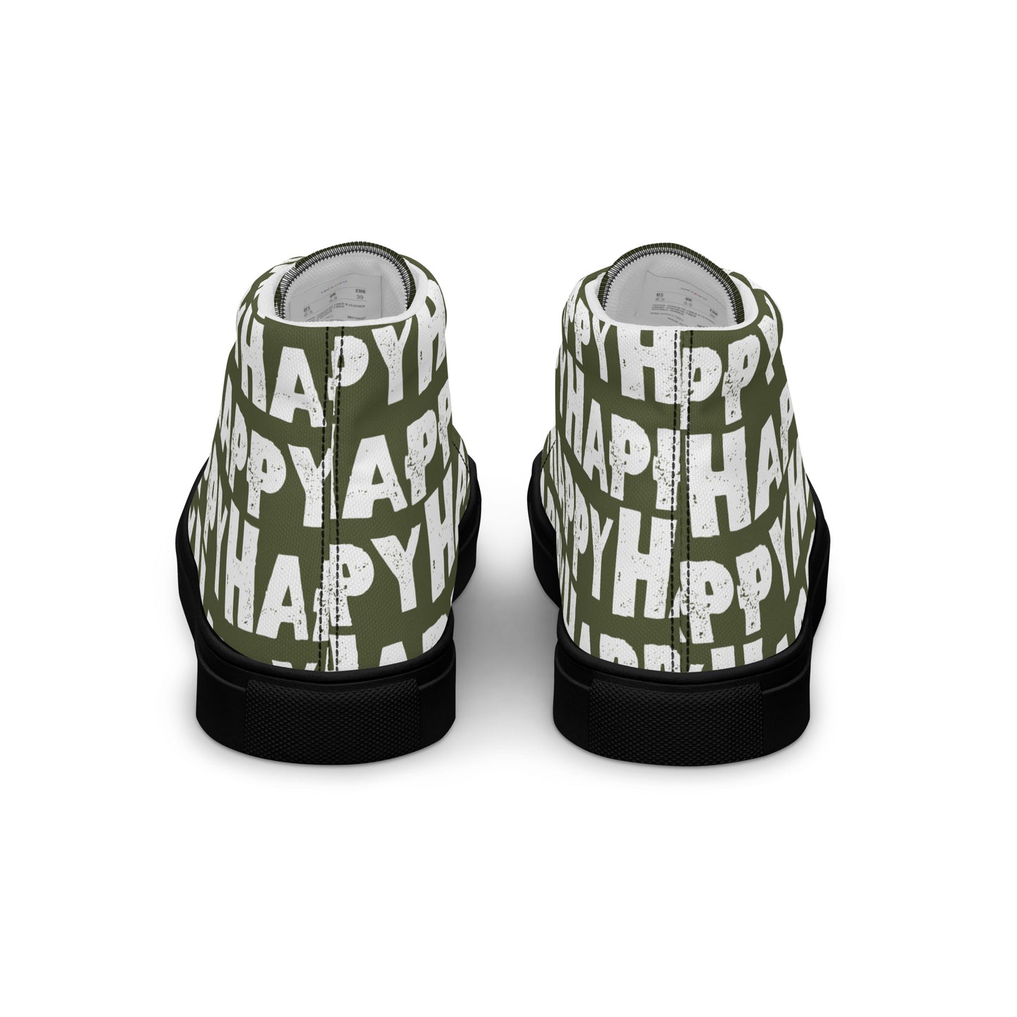 Rear view Fun Shoes Mens Sneakers khaki green shoes with white Happy Sponge Print High Tops black sole HappyStuff brand