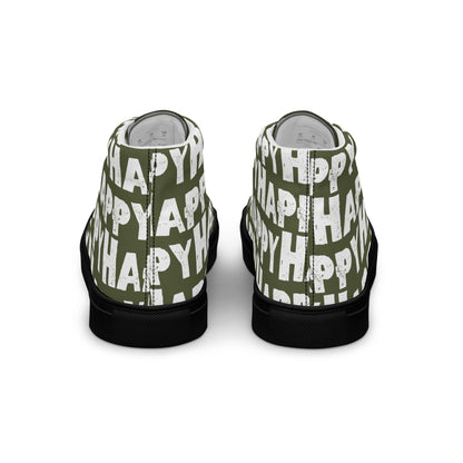 Rear view Fun Shoes Mens Sneakers khaki green shoes with white Happy Sponge Print High Tops black sole HappyStuff brand