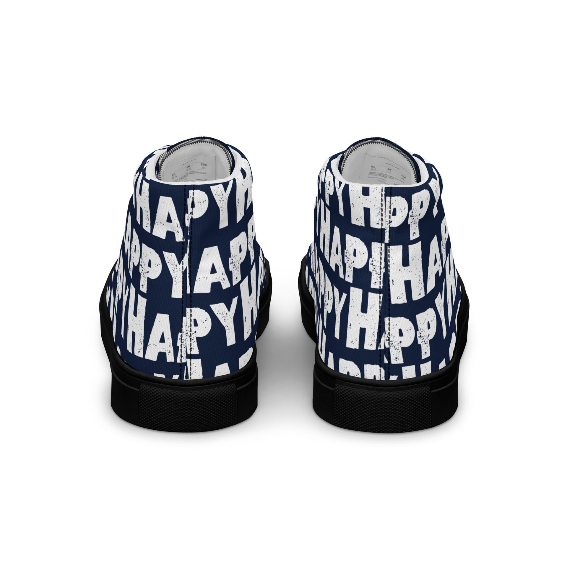 Rear view Fun Shoes Mens Sneakers navy blue shoes with white Happy Sponge Print High Tops  black sole HappyStuff brand