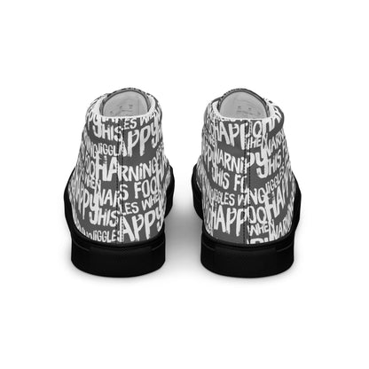 Fun shoes back view HappyStuff slate grey high tops with playful white print Warning This Foot Jiggles When Happy mens sneakers black sole