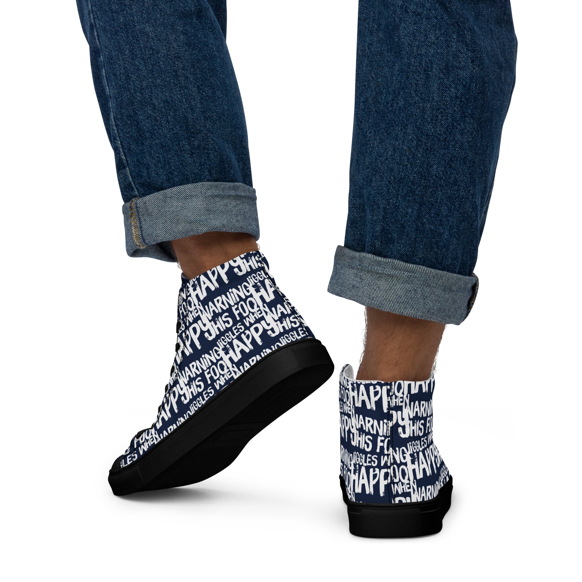 Walking away in mens HappyStuff high tops canvas sneakers edgy print navy blue and white shoes Warning This Foot Jiggles When Happy black sole