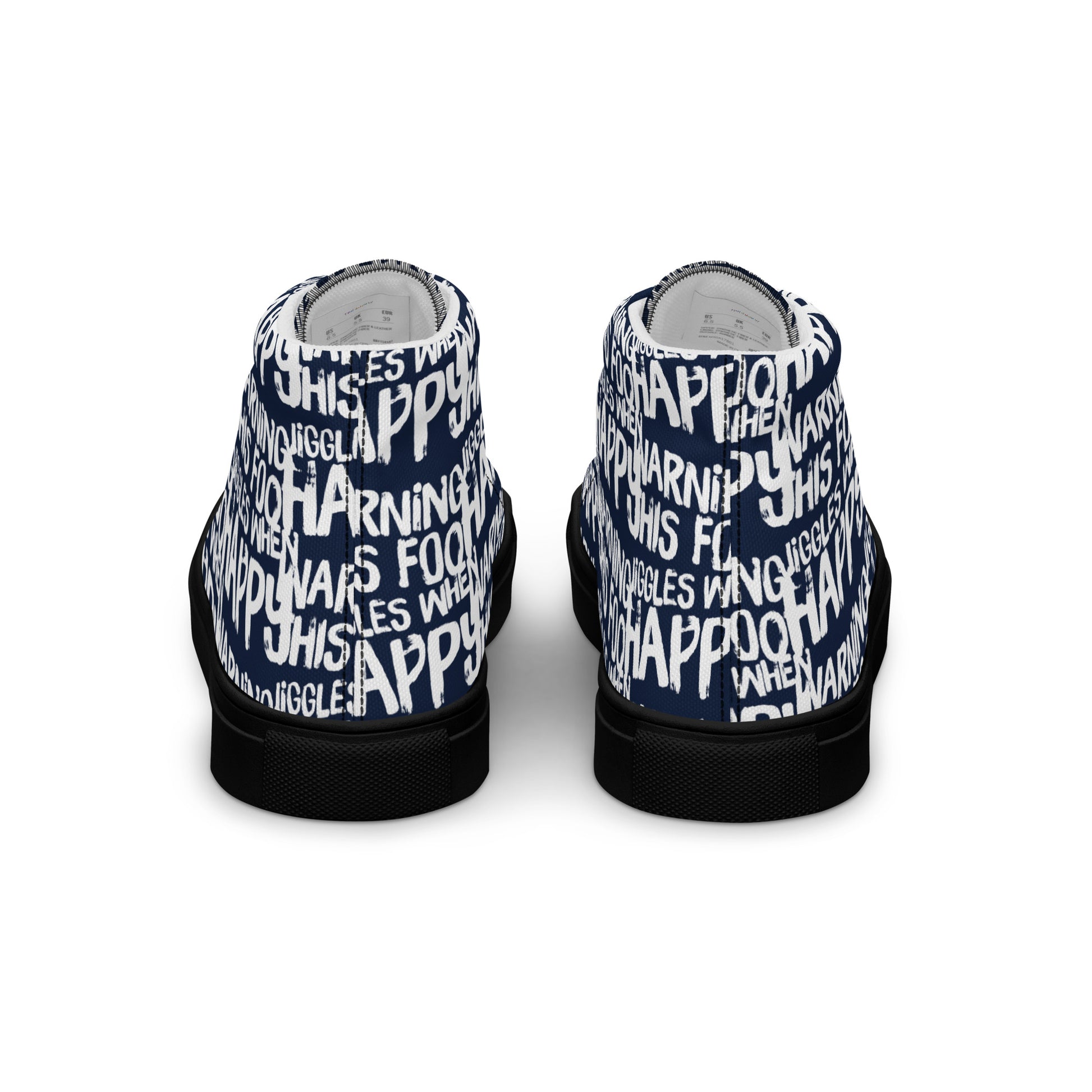 Fun shoes back view HappyStuff navy blue high tops with playful white print Warning This Foot Jiggles When Happy mens sneakers black sole