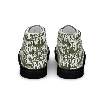 Fun shoes back view HappyStuff khaki green high tops with playful white print Warning This Foot Jiggles When Happy mens sneakers black sole