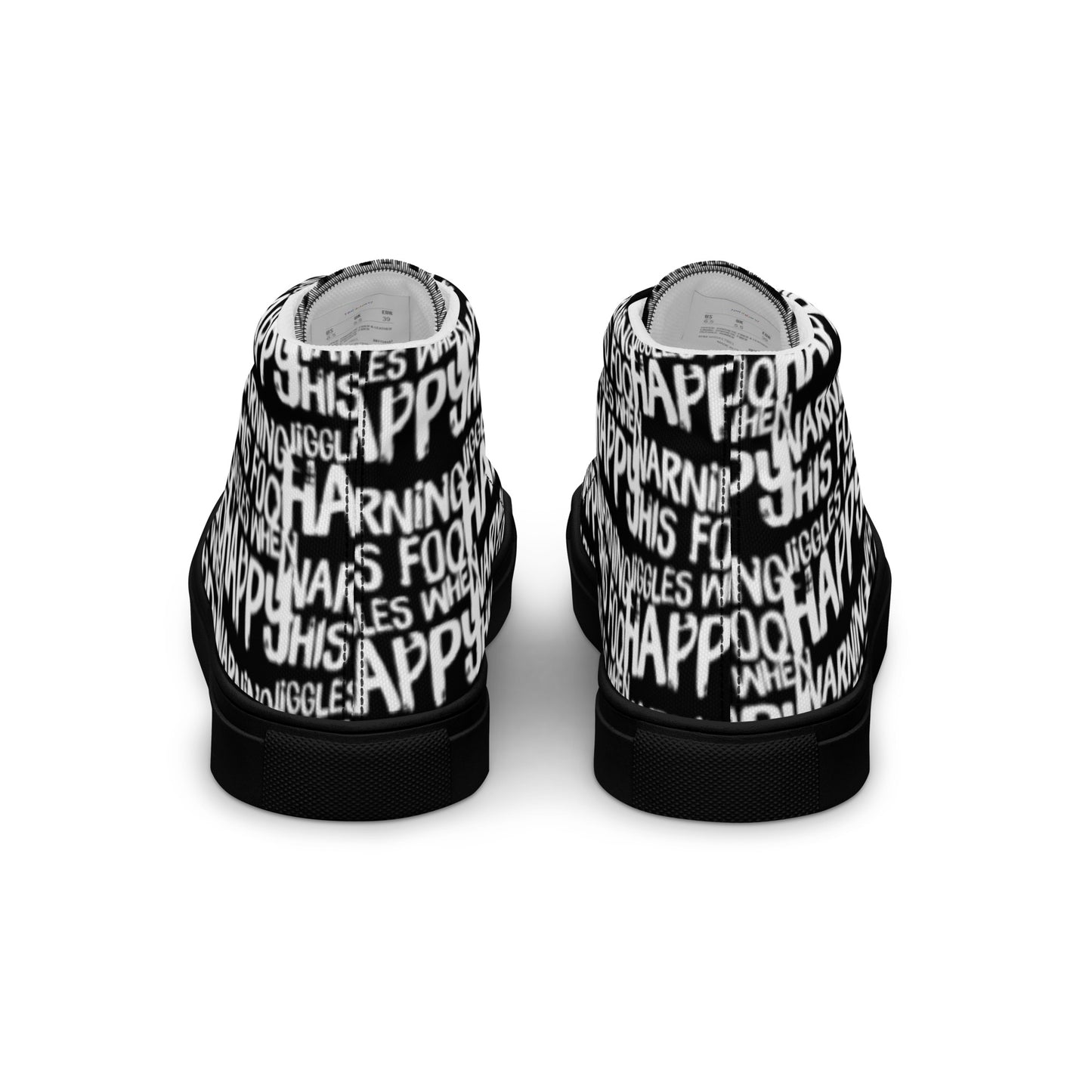 Fun shoes back view HappyStuff black high tops with playful white print Warning This Foot Jiggles When Happy mens sneakers black sole