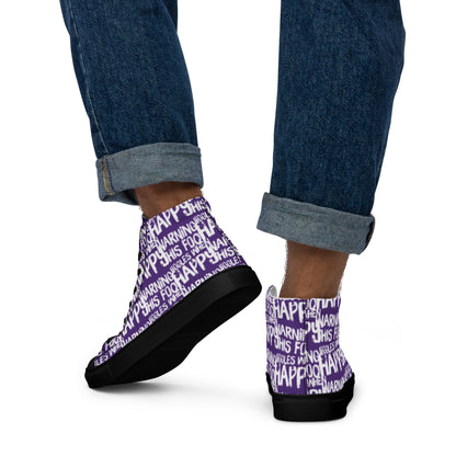 Walking away in mens HappyStuff high tops canvas sneakers edgy print purple and white shoes Warning This Foot Jiggles When Happy black sole