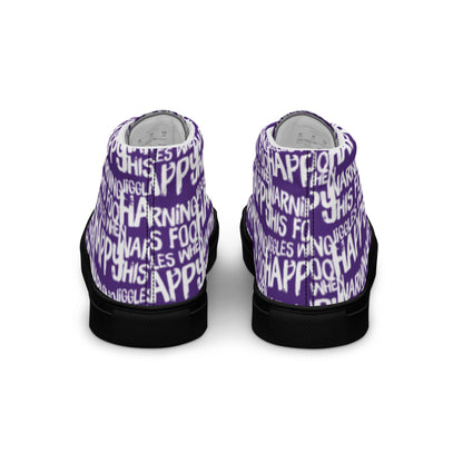 Fun shoes back view HappyStuff purple high tops with playful white print Warning This Foot Jiggles When Happy mens sneakers black sole