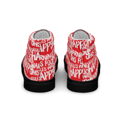 Fun shoes back view HappyStuff red high tops with playful white print Warning This Foot Jiggles When Happy mens sneakers black sole