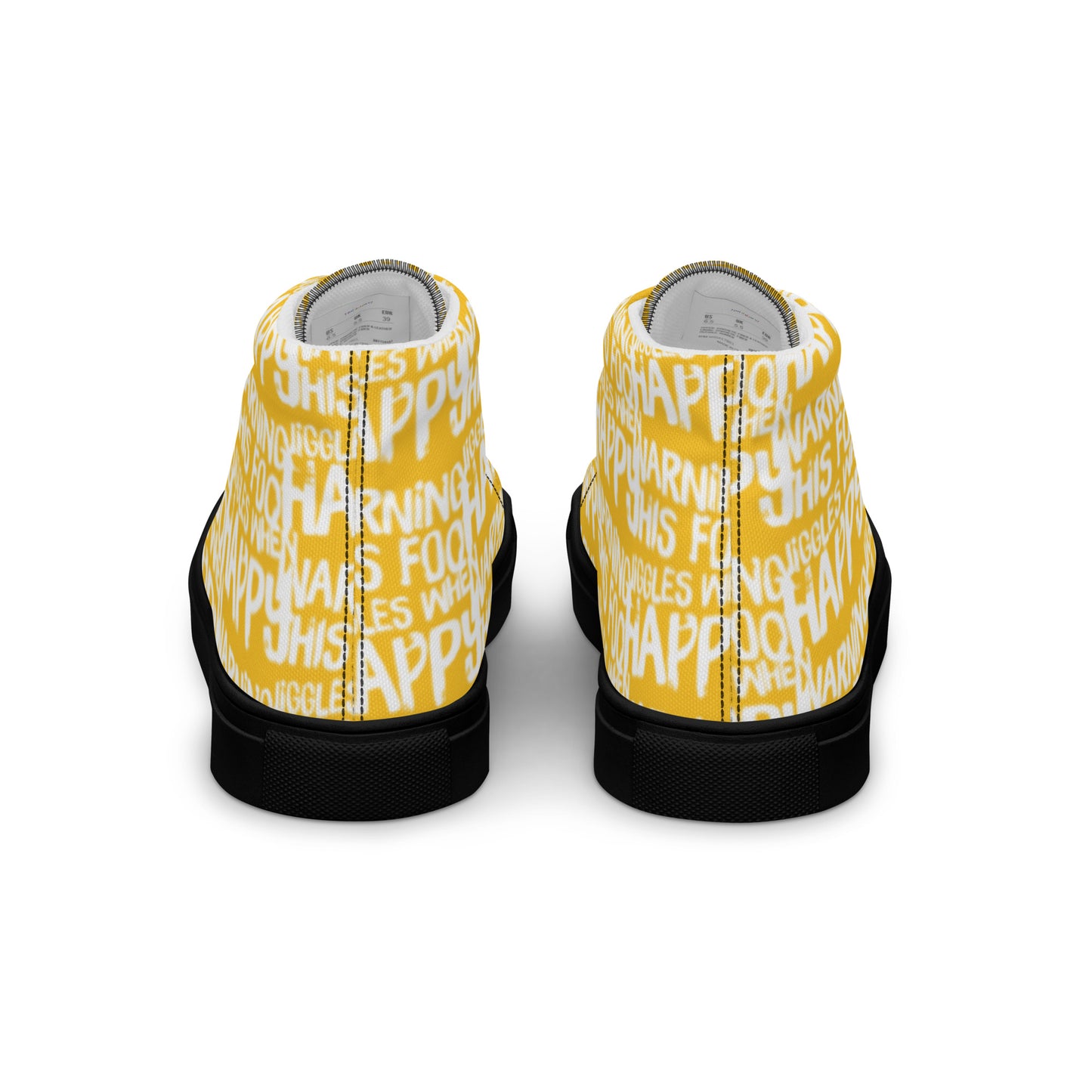 Fun shoes back view HappyStuff yellow high tops with playful white print Warning This Foot Jiggles When Happy mens sneakers black sole