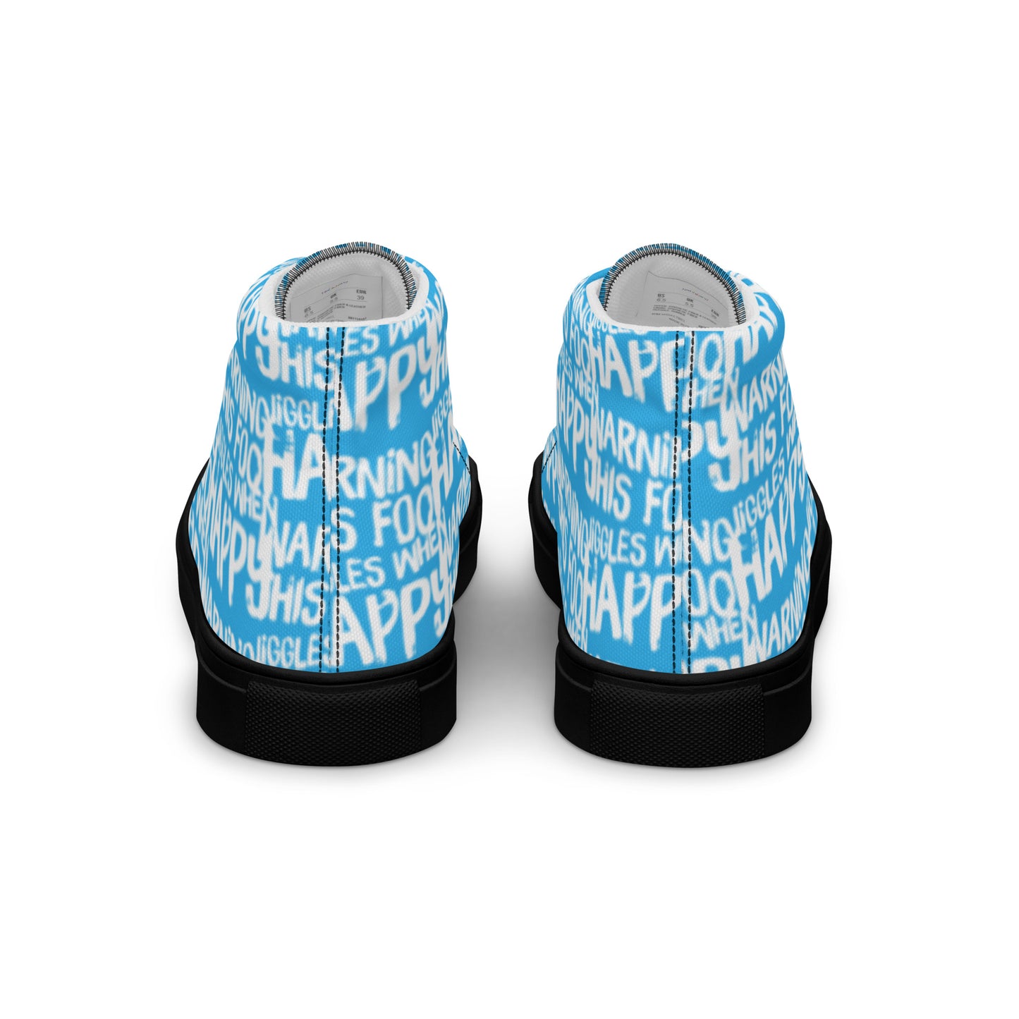 Fun shoes back view HappyStuff blue high tops with playful white print Warning This Foot Jiggles When Happy mens sneakers black sole