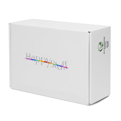 HappyStuff branded eco-friendly sneaker box featuring 100% recycled packaging stamp and rainbow detailed HappyStuff logo