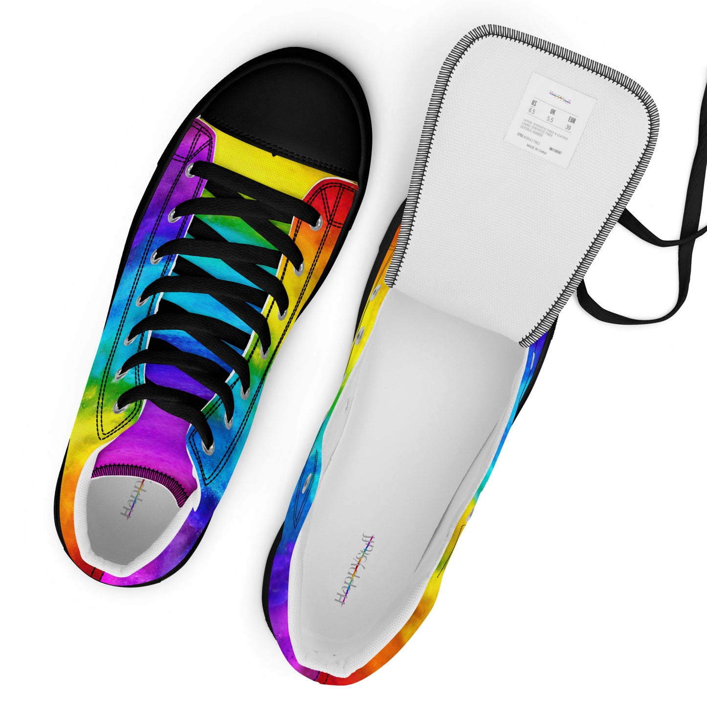 HappyStuff rainbow shoes mens sneakers top view label white laces fun shoes holi colours printed on white high top sneakers black sole