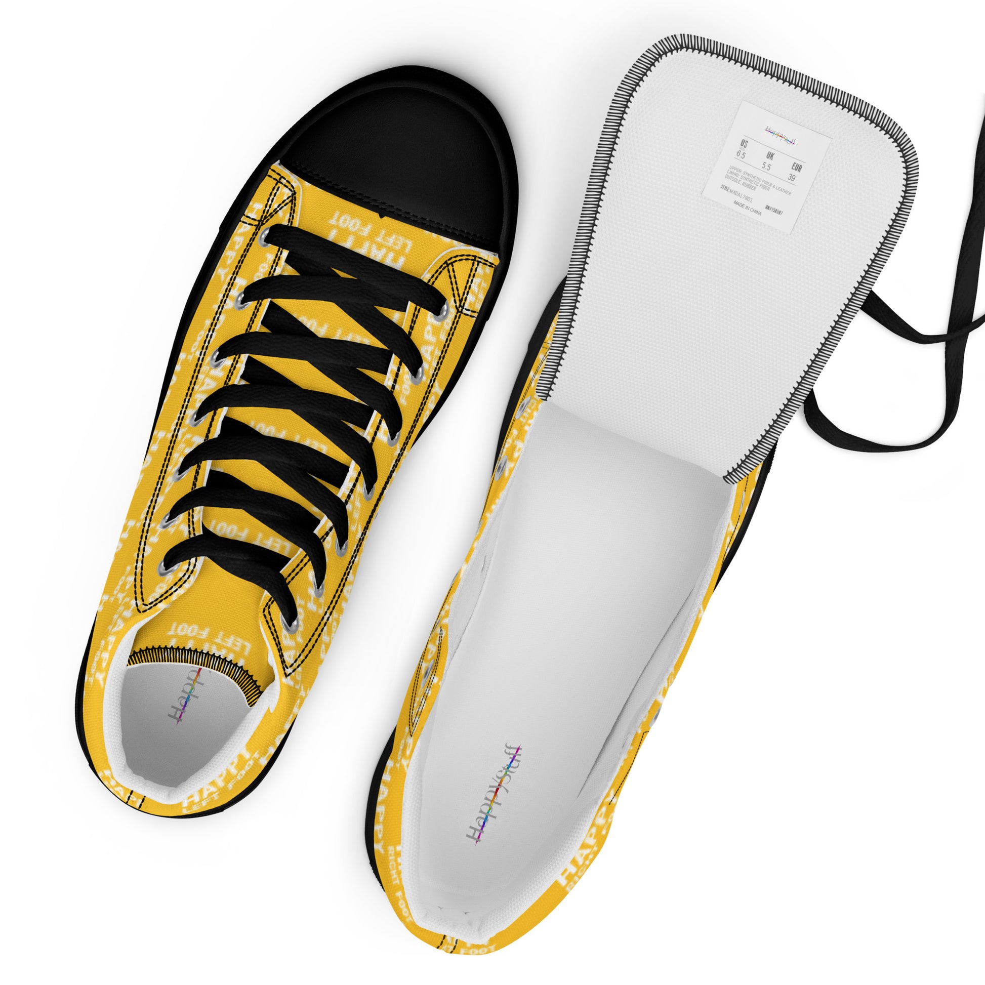 Black laces and label top view mens sneakers HappyStuff yellow high tops black sole with Happy Left Foot Happy Right Foot Pattern Print each on relevant shoe