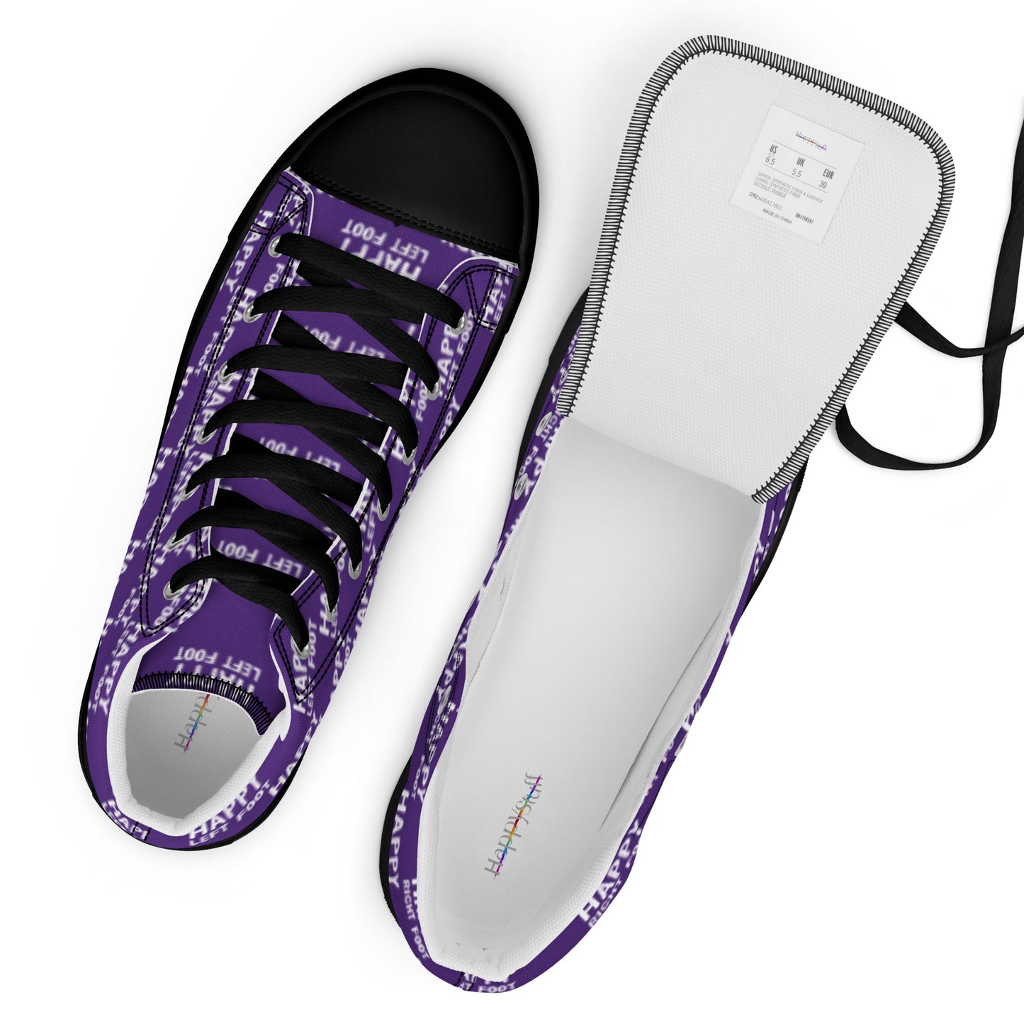 Black laces and label top view mens sneakers HappyStuff purple high tops black sole with Happy Left Foot Happy Right Foot Pattern Print each on relevant shoe