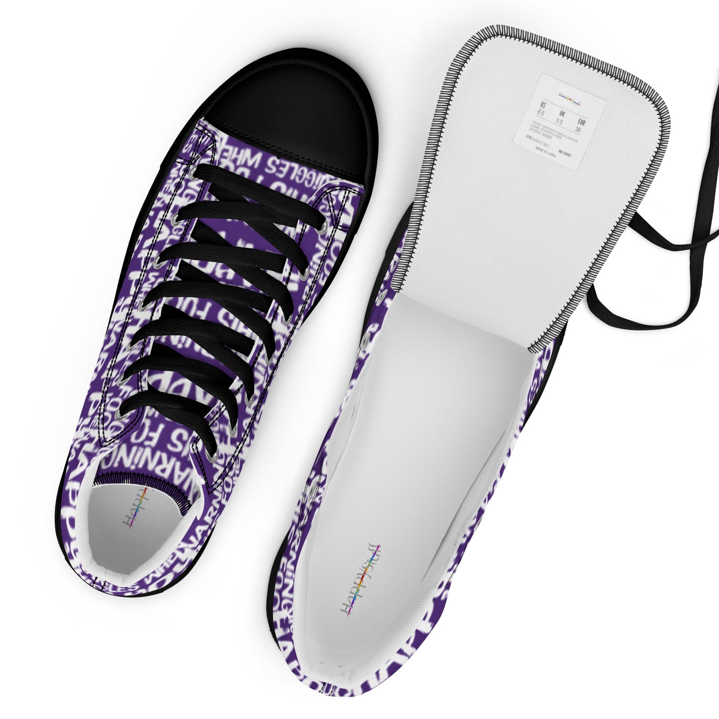 Top view mens sneakers and label HappyStuff purple high tops with playful white print Warning This Foot Jiggles When Happy black sole