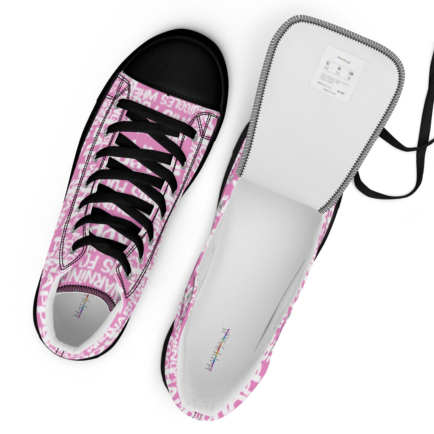 Top view mens sneakers and label HappyStuff pink high tops with playful white print Warning This Foot Jiggles When Happy black sole