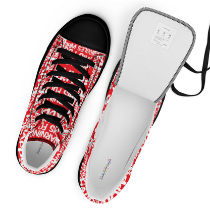 Top view mens sneakers and label HappyStuff red high tops with playful white print Warning This Foot Jiggles When Happy black sole