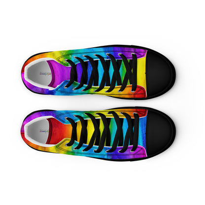 HappyStuff rainbow shoes top view black laces faux leather toe cap fun shoes holi colours printed on white high top sneakers black sole