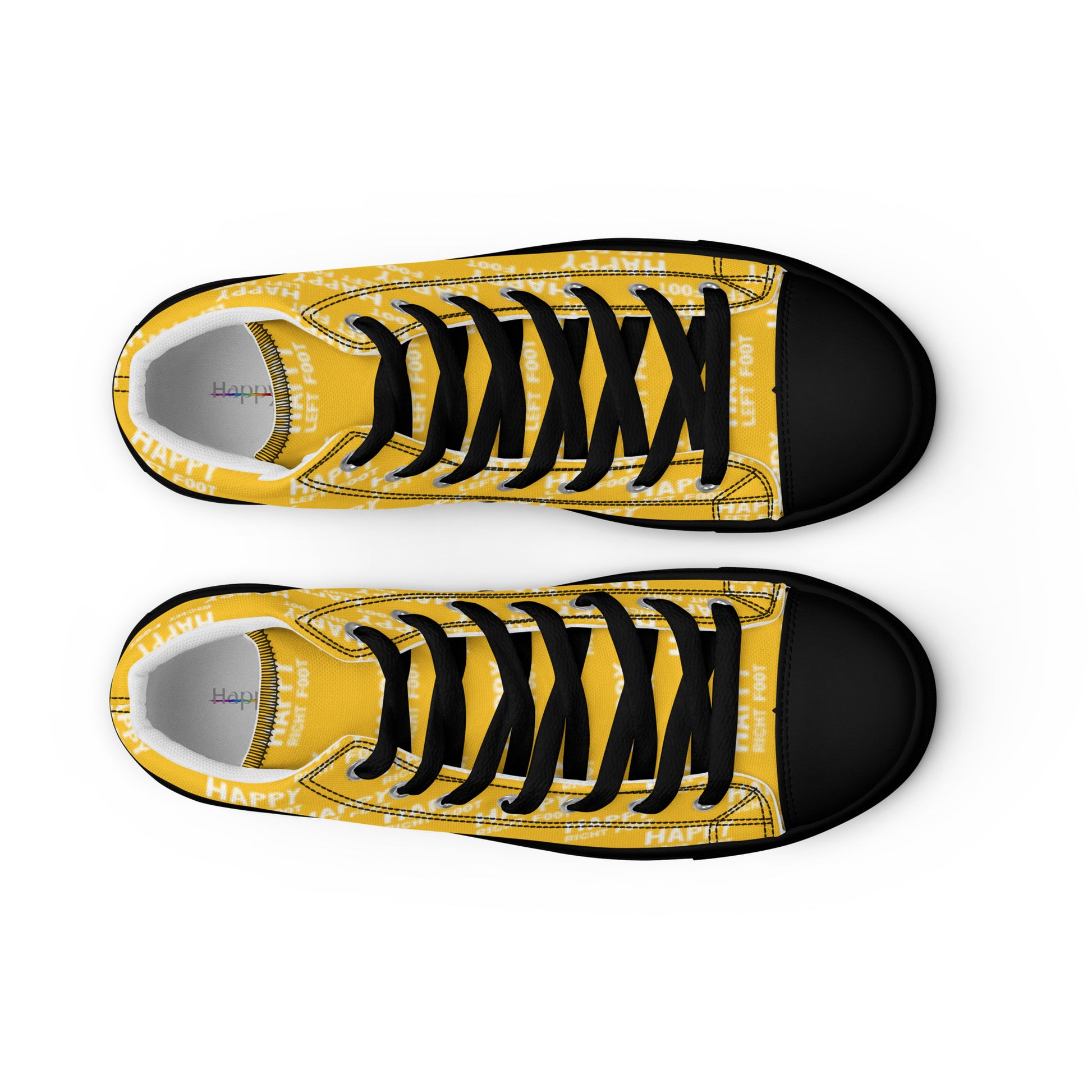 HappyStuff mens yellow high tops top view black faux leather toe cap black sole laced Happy Left Foot Happy Right Foot Pattern Print on relevant shoe