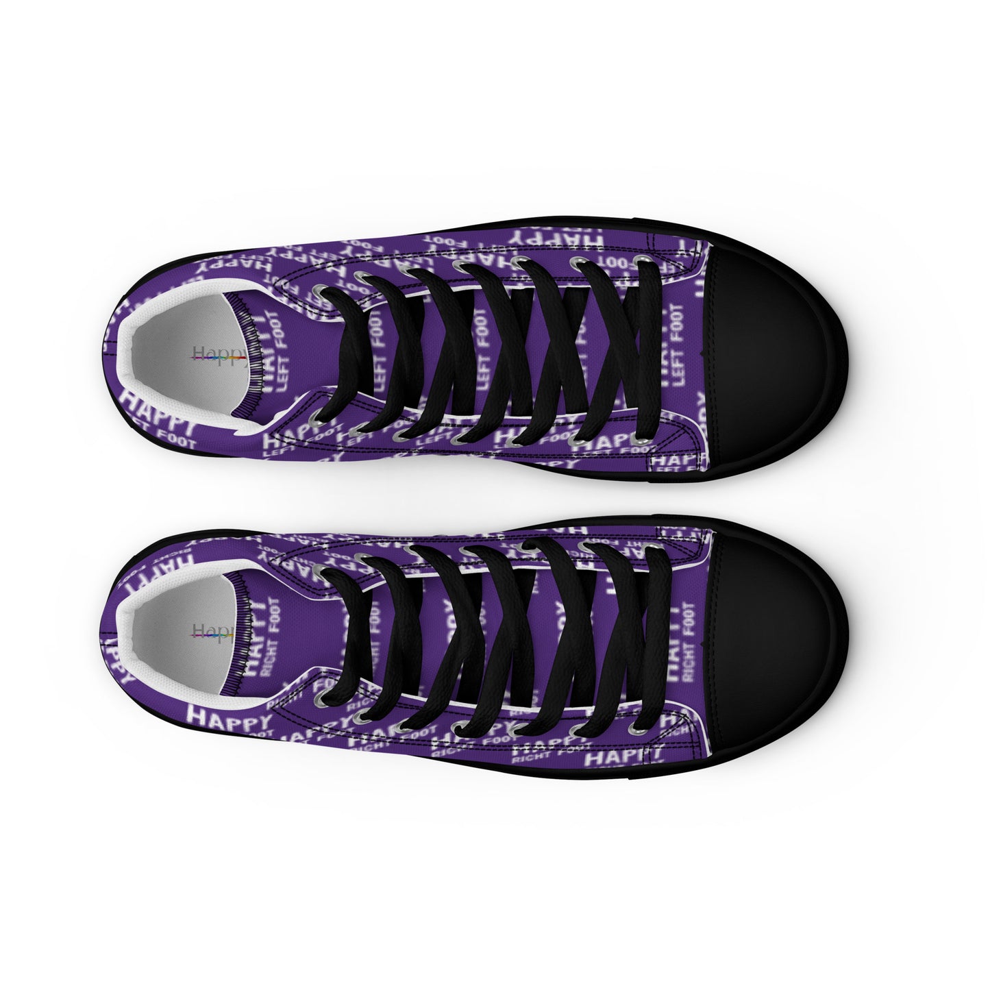 HappyStuff mens purple high tops top view black faux leather toe cap black sole laced Happy Left Foot Happy Right Foot Pattern Print on relevant shoe