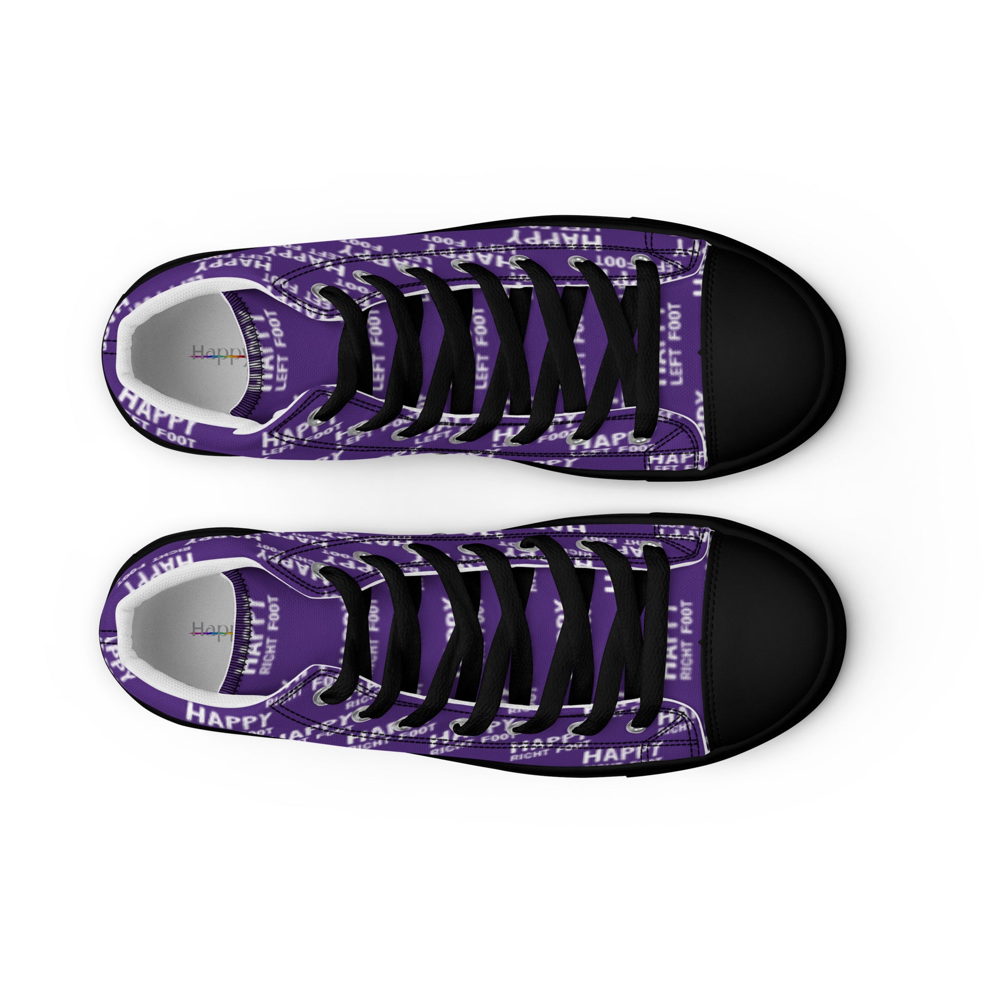 HappyStuff mens purple high tops top view black faux leather toe cap black sole laced Happy Left Foot Happy Right Foot Pattern Print on relevant shoe