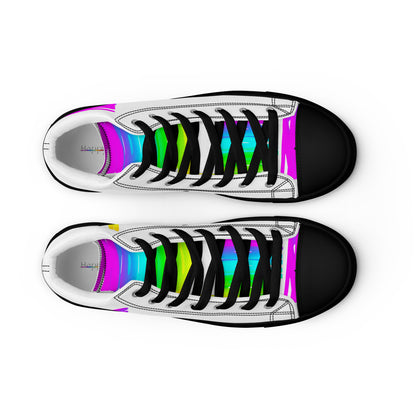 HappyStuff mens white high tops rainbow shoes Happy Rainbow Painted Print bright colours black sole top view black faux leather toe cap laced