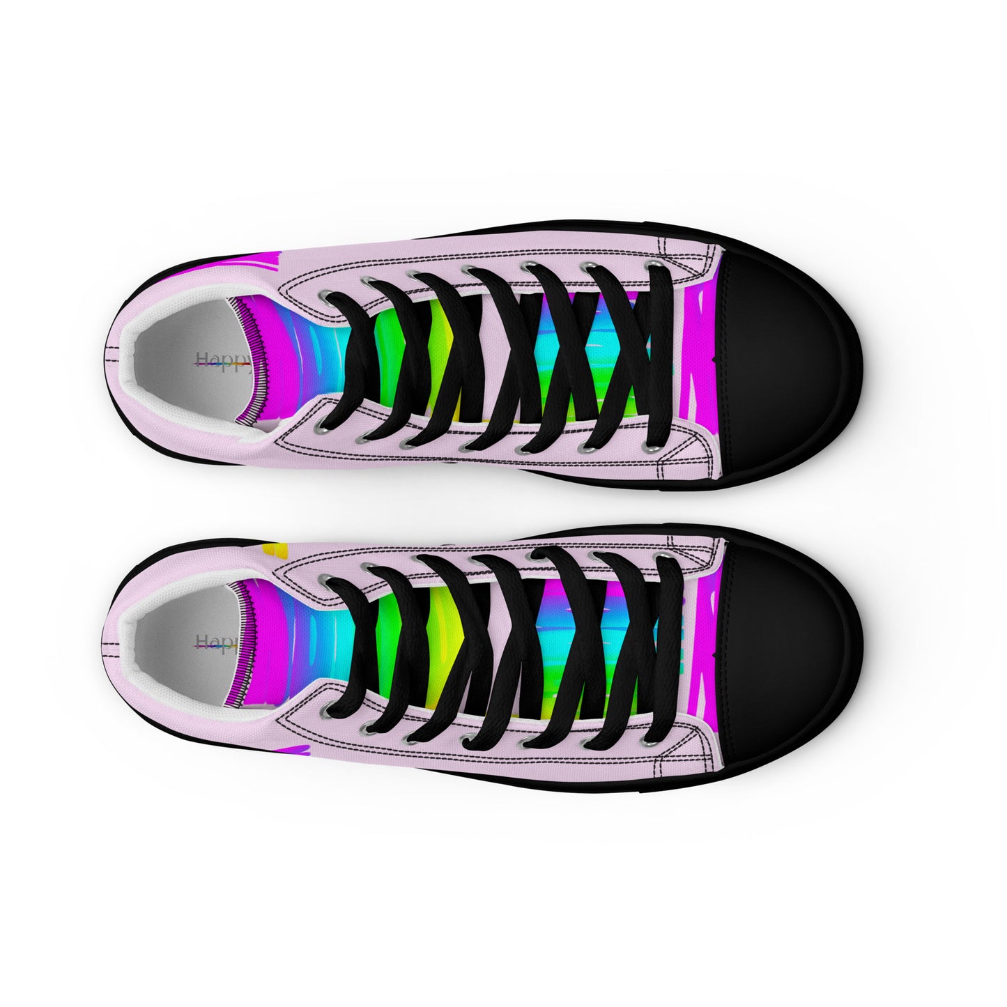 HappyStuff mens pink high tops rainbow shoes Happy Rainbow Painted Print bright colours black sole top view black faux leather toe cap laced