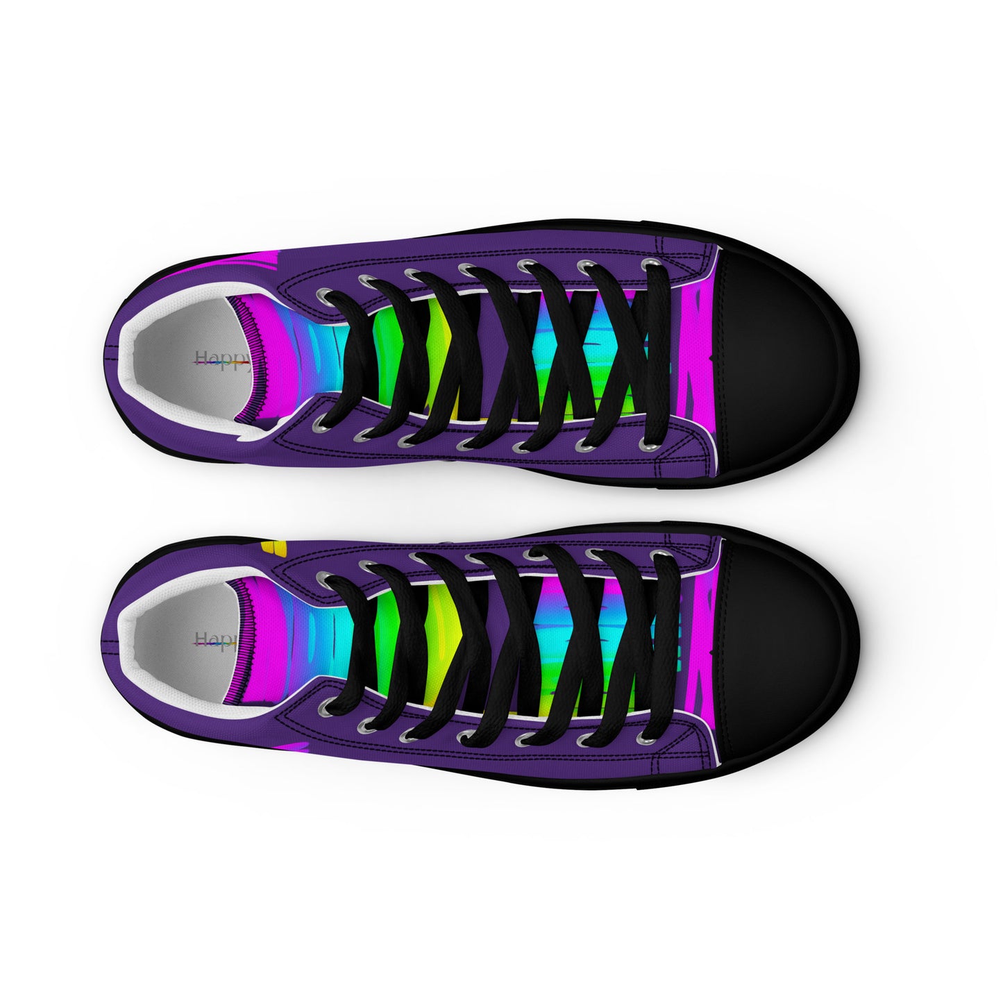 HappyStuff mens purple high tops rainbow shoes Happy Rainbow Painted Print bright colours black sole top view black faux leather toe cap laced