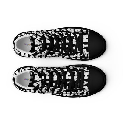 Top view Mens Sneakers black shoes with white Happy Sponge Print High Tops black sole black laces black Faux Leather toe cap Fun Shoes HappyStuff brand