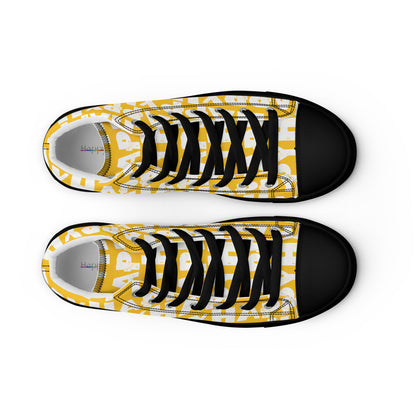 Top view Mens Sneakers yellow shoes with white Happy Sponge Print High Tops black sole black Faux Leather toe cap Fun Shoes HappyStuff brand