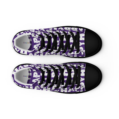 Top view Mens Sneakers purple shoes with white Happy Sponge Print High Tops black sole black Faux Leather toe cap Fun Shoes HappyStuff brand