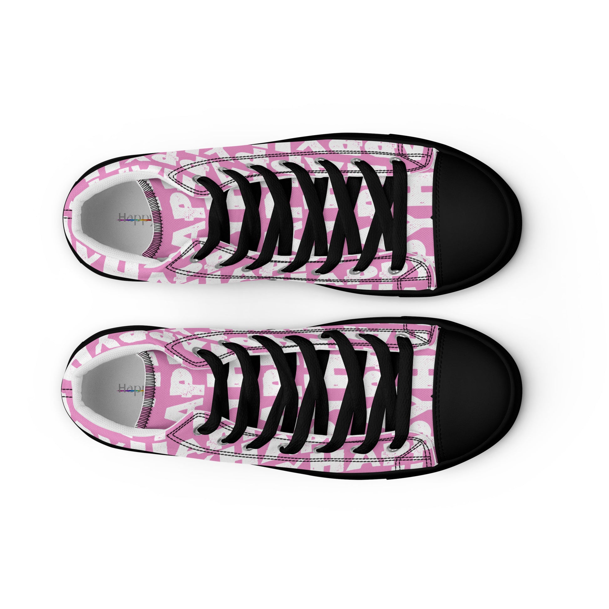 Top view Mens Sneakers pink shoes with white Happy Sponge Print High Tops black sole black Faux Leather toe cap Fun Shoes HappyStuff brand