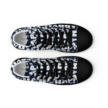 Top view Mens Sneakers navy blue shoes with white Happy Sponge Print High Tops black sole black Faux Leather toe cap Fun Shoes HappyStuff brand