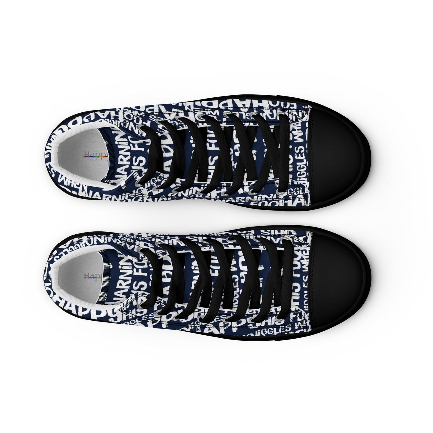 HappyStuff mens navy blue high tops with playful white print Warning This Foot Jiggles When Happy top view laces faux leather toe cap black sole