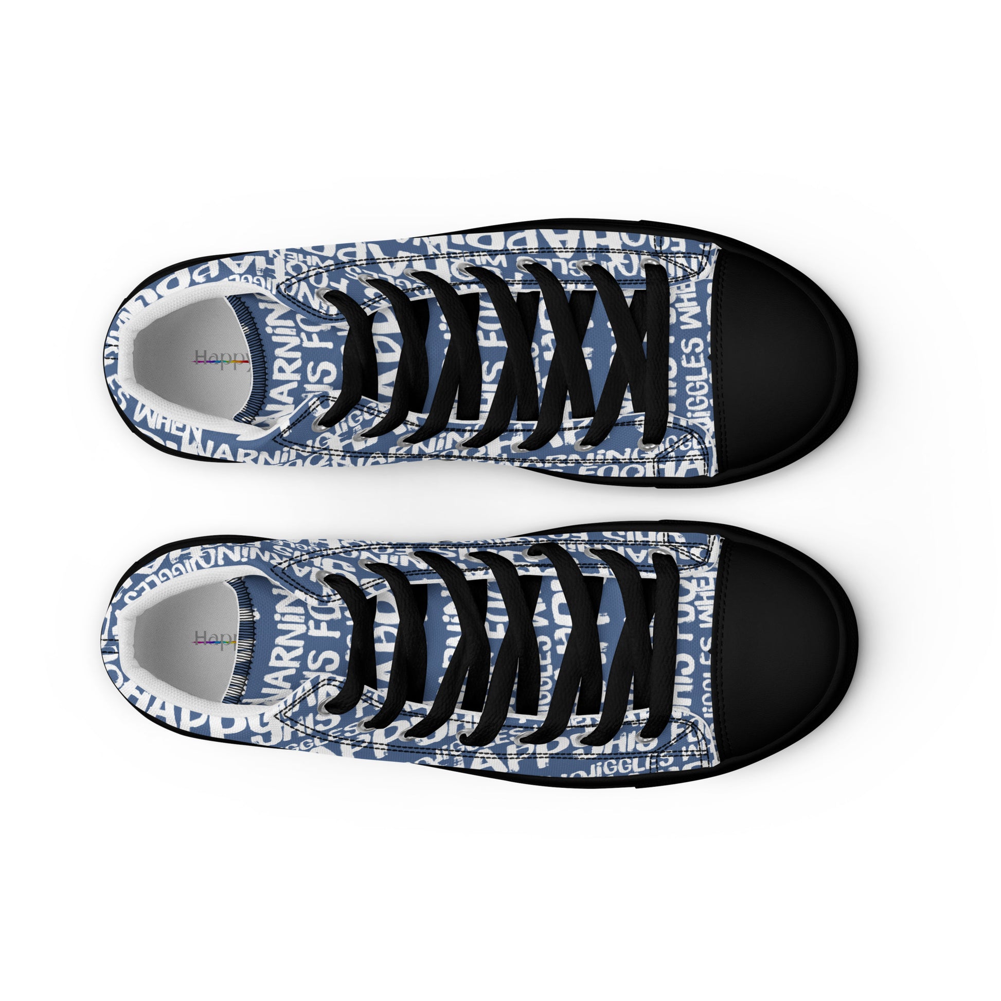 HappyStuff mens denim blue high tops with playful white print Warning This Foot Jiggles When Happy top view laces faux leather toe cap black sole