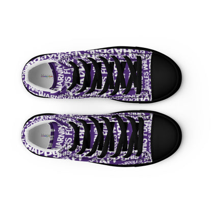 HappyStuff mens purple high tops with playful white print Warning This Foot Jiggles When Happy top view laces faux leather toe cap black sole