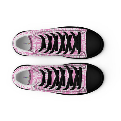 HappyStuff mens pink high tops with playful white print Warning This Foot Jiggles When Happy top view laces faux leather toe cap black sole