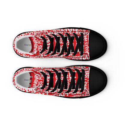 HappyStuff mens red high tops with playful white print Warning This Foot Jiggles When Happy top view laces faux leather toe cap black sole