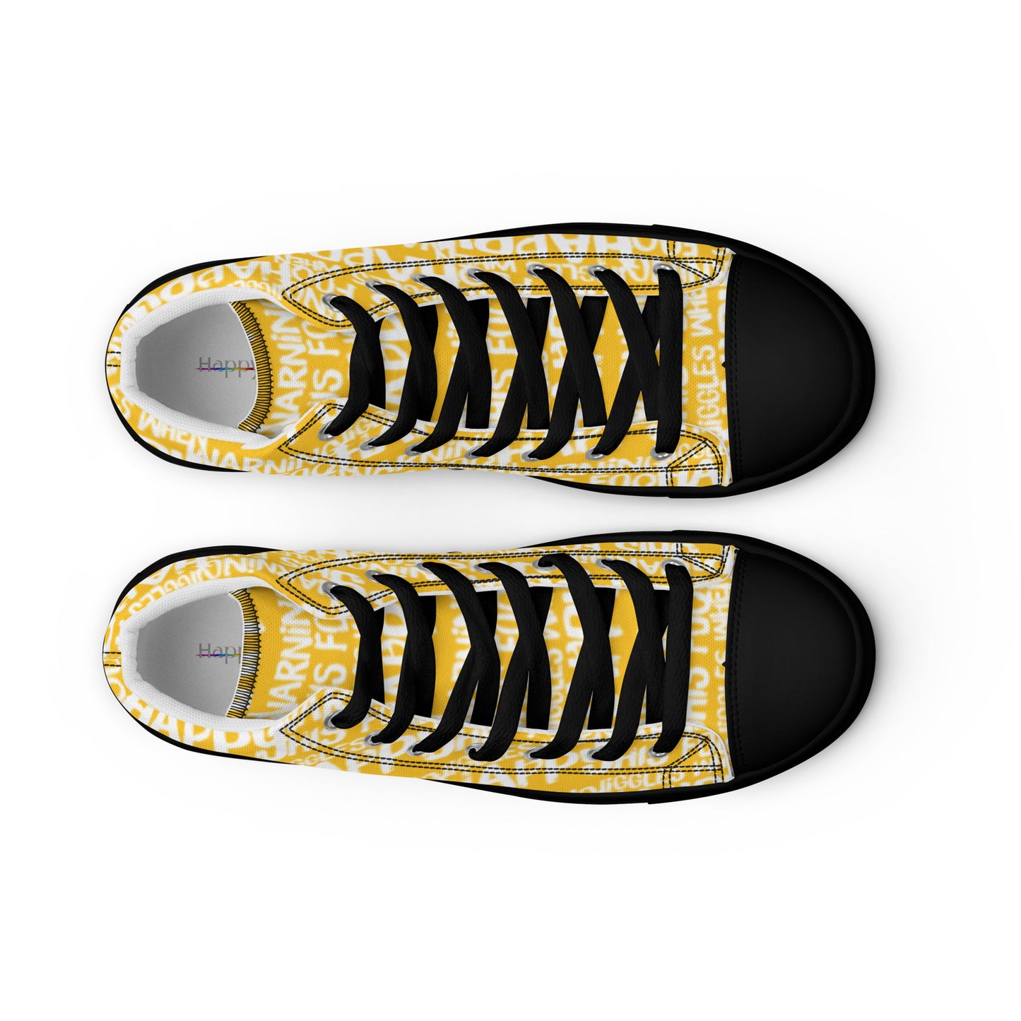 HappyStuff mens yellow high tops with playful white print Warning This Foot Jiggles When Happy top view laces faux leather toe cap black sole