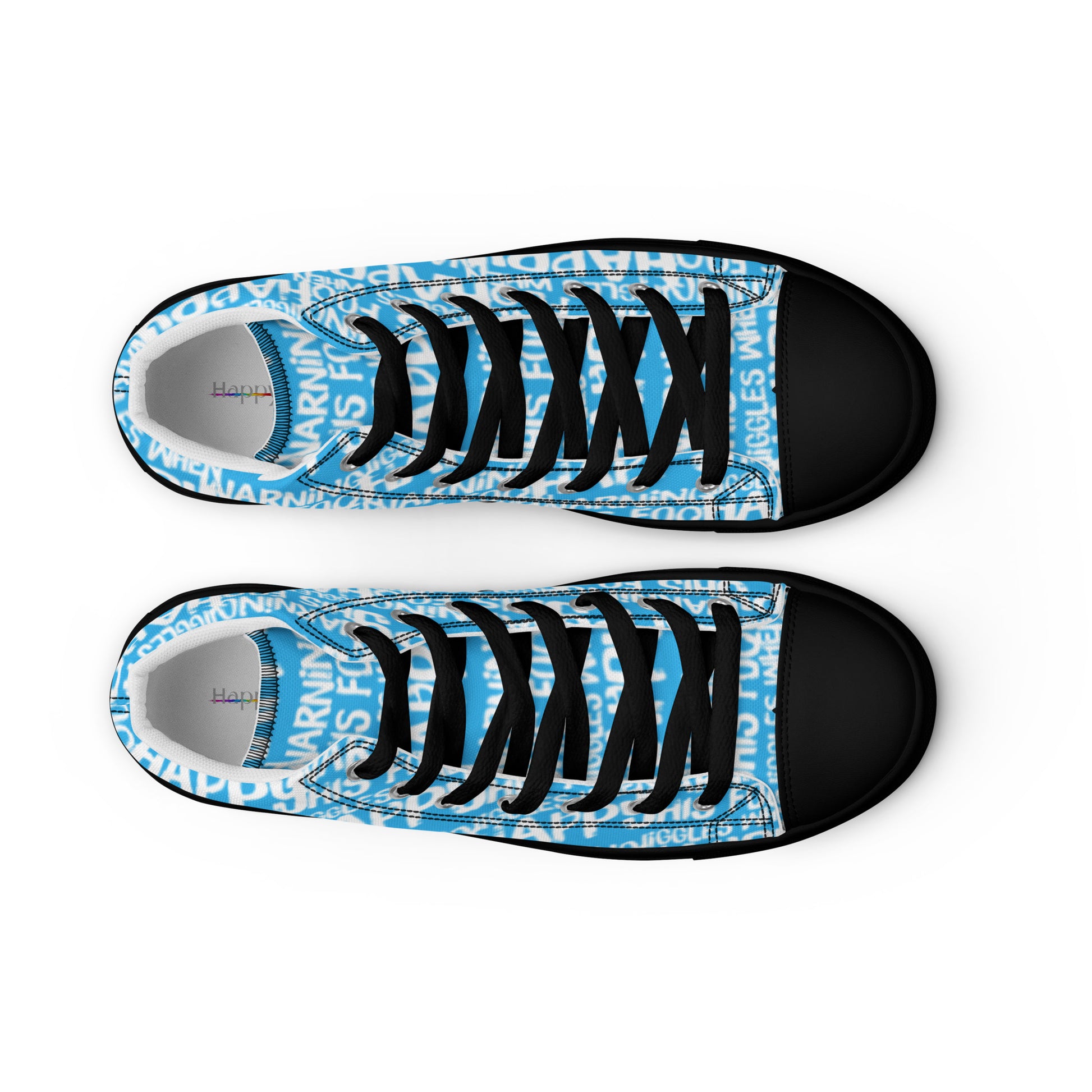 HappyStuff mens blue high tops with playful white print Warning This Foot Jiggles When Happy top view laces faux leather toe cap black sole