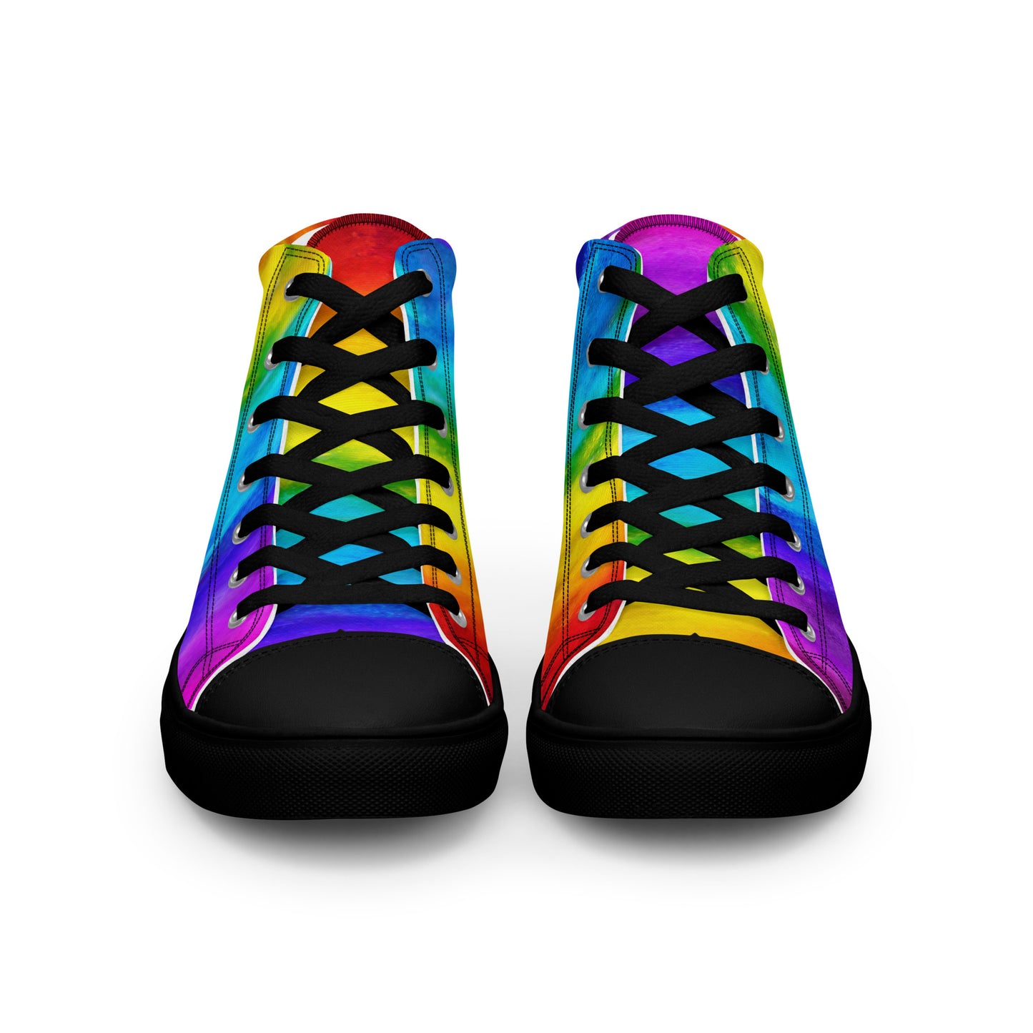 HappyStuff rainbow shoes front view black laces black faux leather toe cap fun shoes holi colours printed on white high top sneakers black sole