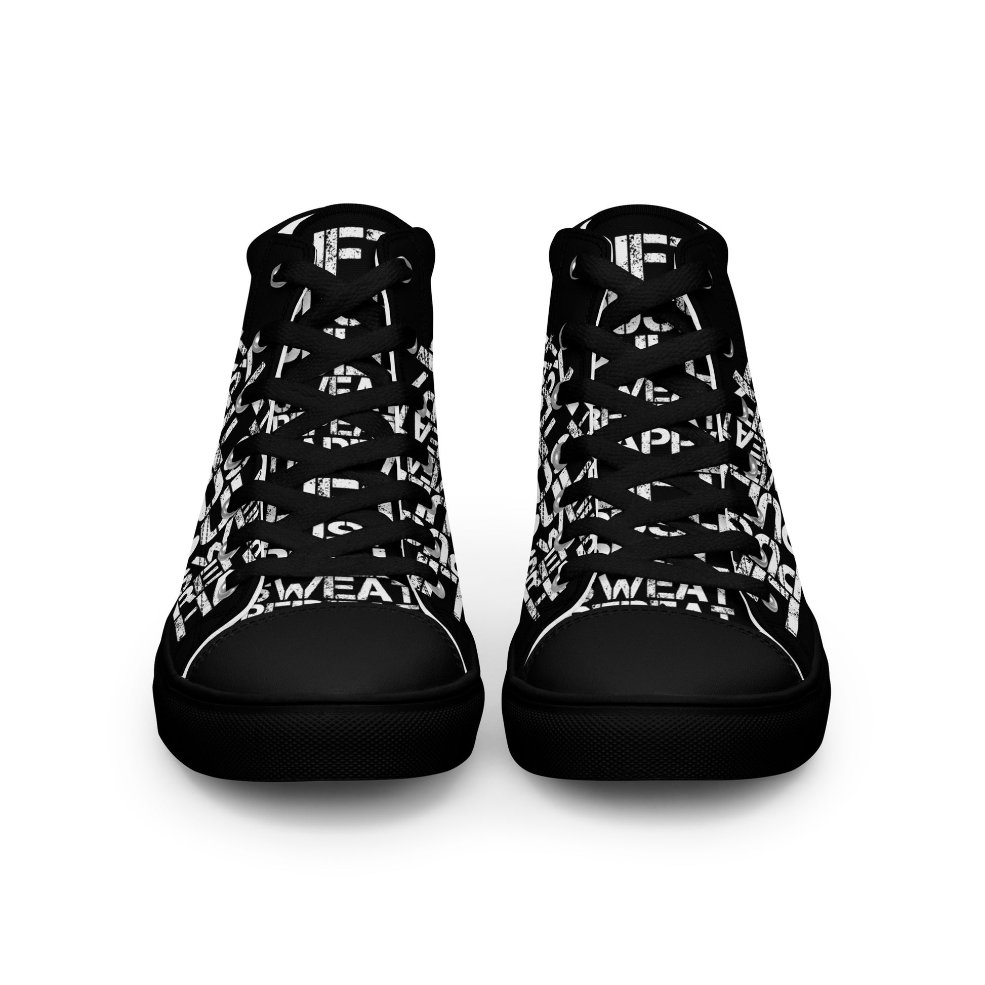 Front view laced up mens sneakers HappyStuff black high tops lift push pull sweat repeat happy distress print gym shoe black sole