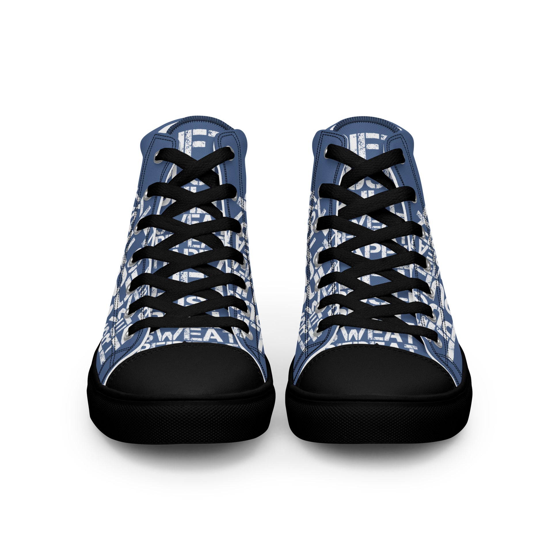 Front view laced up mens sneakers HappyStuff denim blue high tops lift push pull sweat repeat happy distress print gym shoe black sole