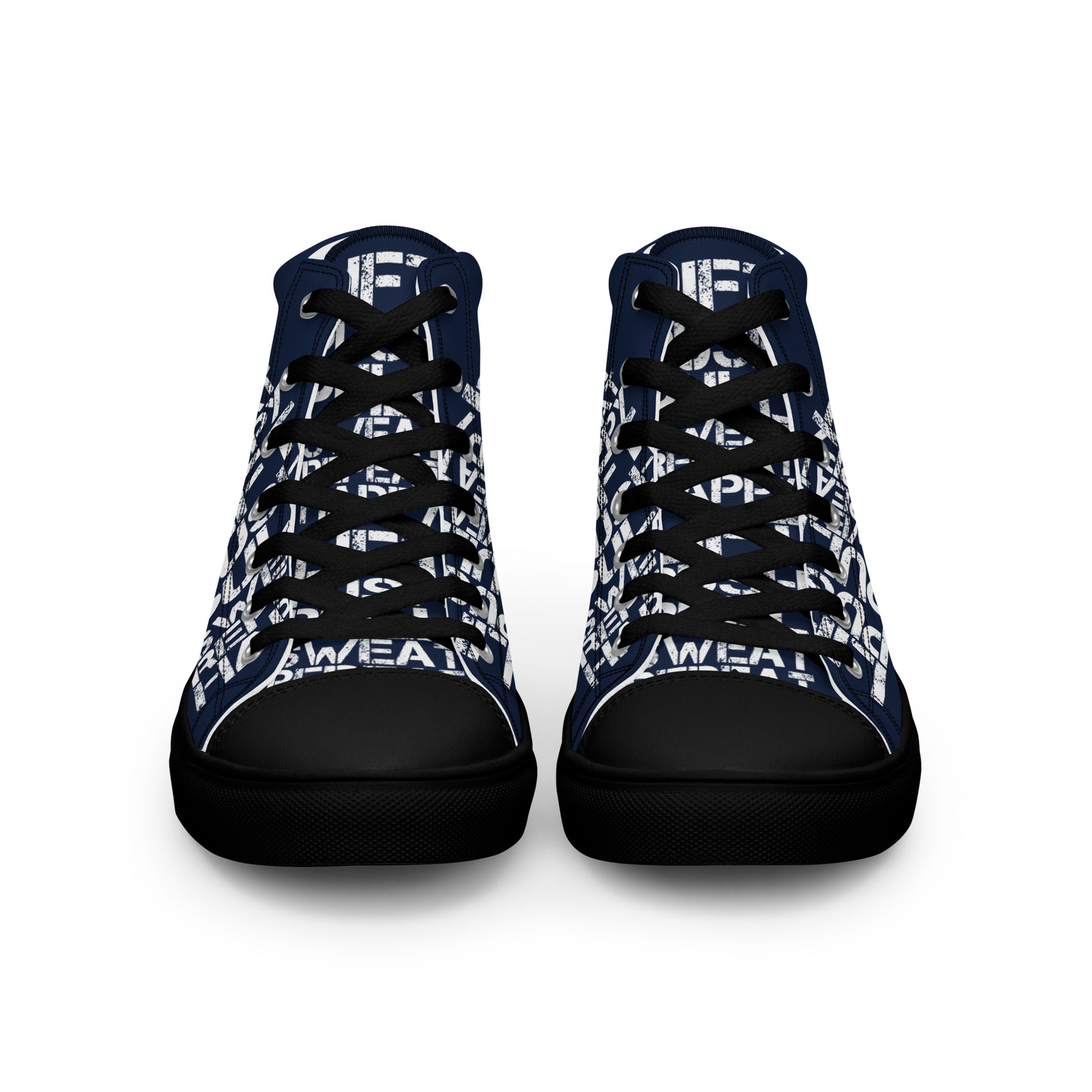 Front view laced up mens sneakers HappyStuff navy blue high tops lift push pull sweat repeat happy distress print gym shoe black sole 