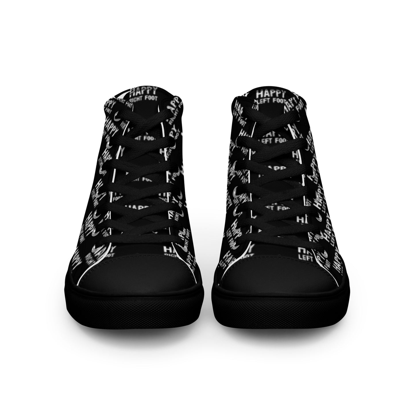 Front view laced up mens sneakers HappyStuff black high tops black sole Happy Left Foot Happy Right Foot Pattern Print each on relevant shoe